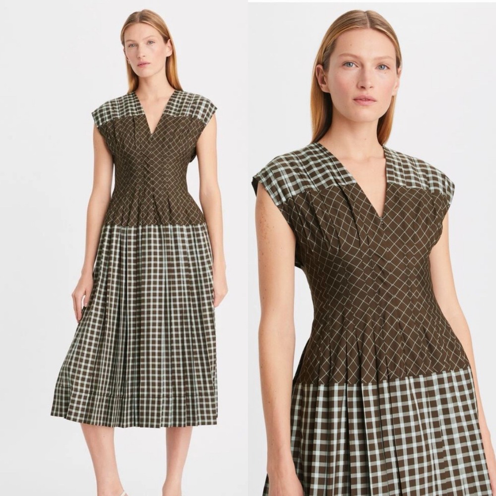 Tory Burch Sz 4 Plaid 100% Silk V Neck Claire McCardell Pleated Midi‎ Dress